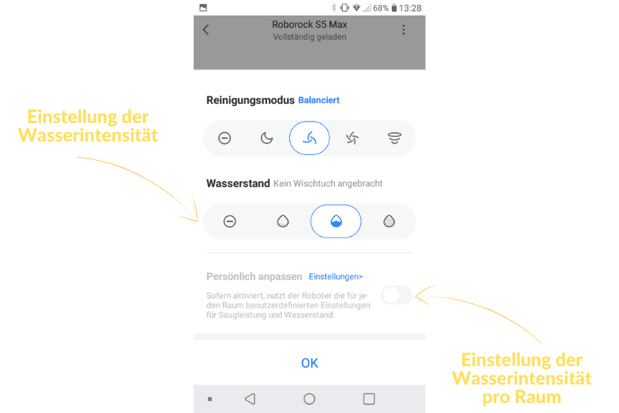 Wasserabgabe kann in der Roborock S5 Max App pro Raum in 4 unterschiedlichen Stufen eingestellt werden